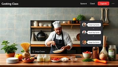 An online cooking class marketplace interface featuring a live cooking session with a chef demonstrating a recipe, interactive chat options for participants to ask questions, and a virtual kitchen setup with ingredients and cooking tools, fostering a dynamic and engaging culinary learning experience.
