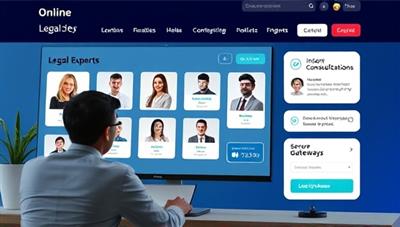 An interactive website interface showing a user browsing through profiles of legal experts, with a virtual chat feature for instant consultations and a secure payment gateway, illustrating the convenience and accessibility of online legal advice.