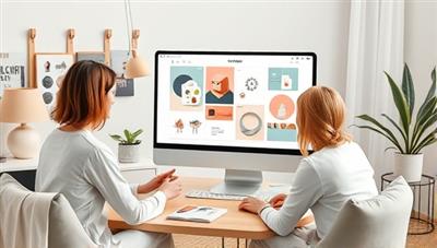 An artistic representation of a virtual interior design consultation session, featuring a designer presenting mood boards and color palettes on a computer screen to a client, surrounded by design samples and décor elements, illustrating creativity and collaboration.
