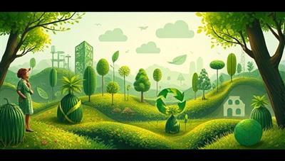 An artistic digital illustration of a lush green environment with eco-friendly symbols and elements integrated into the landscape, representing the essence of sustainability and conscious living portrayed in Green Pages Digest.
