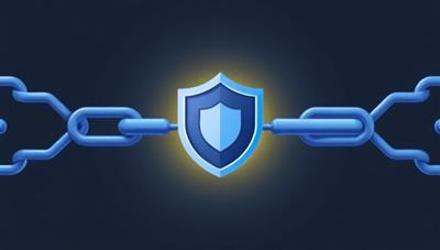 An illustration of interconnected chain links representing verified credentials and employment records stored on a blockchain ledger, with a shield symbolizing security and trust, showcasing TrustChainVerify's innovative approach to background verification services.