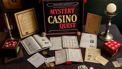 An intriguing image showcasing the contents of a Mystery Casino Quest Box, with a collection of cryptic puzzles, hidden clues, and themed props laid out on a table, inviting subscribers to unravel the mysteries and embark on a thrilling casino-inspired adventure from the comfort of their homes, creating a sense of intrigue and excitement in a box.