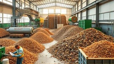 An innovative recycling facility transforming agricultural waste into compost and biofuels, with workers operating machinery and sorting materials, creating a sustainable and eco-friendly production environment in the agriculture industry.