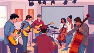 An artistic digital illustration of a diverse group of musicians and mentors gathered in a virtual music studio, jamming together and exchanging musical ideas, reflecting a collaborative and supportive music community.