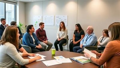 An engaging workshop setting with employees participating in a financial wellness seminar, interacting with financial planners, charts, and educational materials, featuring a collaborative and informative environment fostering financial learning and empowerment among employees.