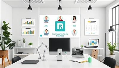 An innovative virtual HR office setup with digital HR tools, virtual meeting spaces, and remote employee engagement platforms, showcasing a modern and efficient approach to remote HR consulting services.
