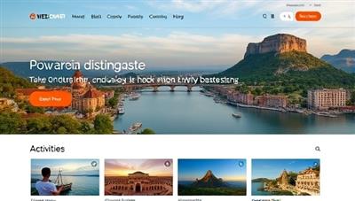 A sleek and modern website interface showcasing diverse travel destinations, with a virtual concierge avatar assisting a traveler in selecting activities, creating a sense of personalization and efficiency.