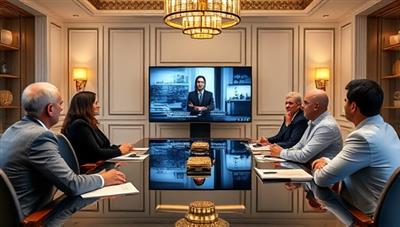 An elegant and professional virtual boardroom setting with a virtual CFO advising a group of diverse business owners via a video conference, conveying expertise and collaboration in financial decision-making.