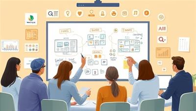 An artistic representation of a virtual event planning team brainstorming ideas on a virtual whiteboard, surrounded by digital event layouts and interactive engagement tools, conveying creativity and collaboration in virtual event management.