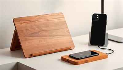 An artistic composition featuring a wooden laptop stand, phone case, and wireless charger arranged on a minimalist desk setup, highlighting the blend of natural elegance and tech functionality in the accessories.