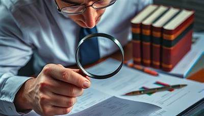 An intense and investigative image of a forensic accountant examining financial documents under a magnifying glass, with legal books and evidence markers in the background, symbolizing precision and scrutiny in fraud investigations.