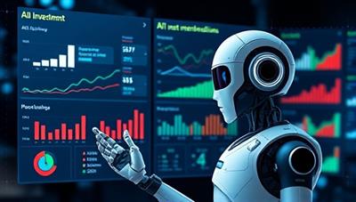 An innovative visual of an AI-powered robot analyzing investment data and generating personalized recommendations for users on a sleek digital interface, with charts, graphs, and investment insights displayed in a futuristic and informative manner, showcasing the power of AI in finance.