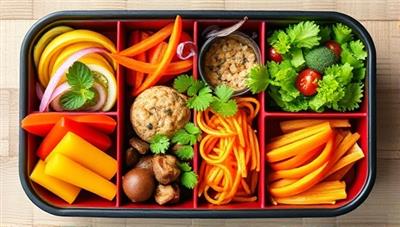 An aesthetically arranged bento box featuring colorful compartments filled with an assortment of fresh and vibrant ingredients, neatly arranged in an appealing pattern, highlighting the balance of flavors and textures in the meal delivery service.