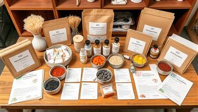 An assortment of DIY beauty product making kits displayed on a wooden table with colorful ingredients, recipe cards, and packaging materials, inviting customers to explore the creative and hands-on experience of making personalized beauty products at home.