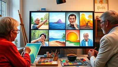 An online art class session with a group of seniors painting together virtually, each with their unique artwork displayed on the screen, surrounded by colorful palettes, brushes, and a warm and inviting atmosphere, symbolizing creativity and togetherness.