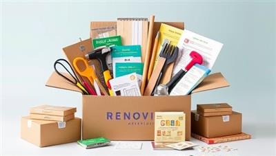 An attractively designed box overflowing with renovation tools, materials, and colorful instruction manuals, representing a complete DIY renovation solution in a single package, ready for a home makeover adventure.