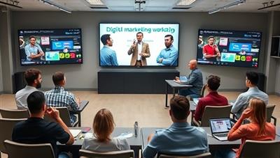 A virtual classroom setup with a diverse group of participants engaged in a digital marketing workshop, with screens displaying interactive content and a dynamic instructor leading the session, illustrating a collaborative and educational environment.