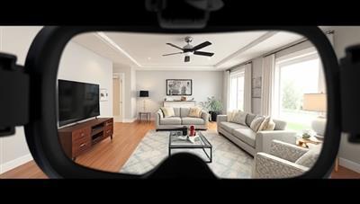 An immersive VR headset view of a beautifully designed virtual living room, complete with customizable furniture options, color schemes, and lighting effects, showcasing the innovative and interactive design experience offered by VirtuSpace Designs.