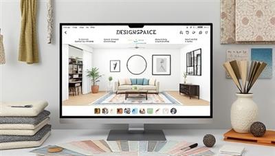 A virtual living room design concept displayed on a digital screen, surrounded by interior design tools, fabric swatches, and decor items, showcasing the creativity and expertise of DesignSpace in virtual interior design consultations.