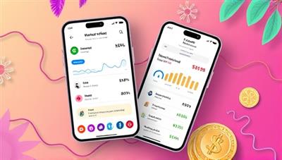 An engaging app interface design featuring interactive financial goal-setting tools, progress trackers, and personalized financial tips, surrounded by vibrant visuals of savings goals and investment opportunities, inspiring users to take control of their finances.