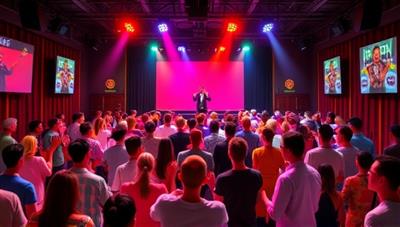 A lively virtual comedy club scene with a stage lit up by colorful spotlights, a crowd of animated avatars laughing, clapping, and interacting with comedians performing hilarious acts, capturing the essence of a vibrant comedy show atmosphere in a digital space.