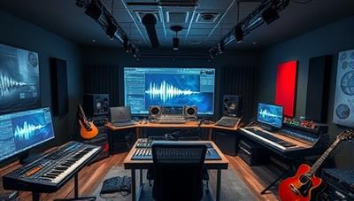 An immersive virtual music production studio environment with digital audio workstations, MIDI controllers, and studio equipment, where participants join a live music production workshop led by a professional producer, surrounded by creative tools and musical instruments, conveying a dynamic and collaborative music production experience.