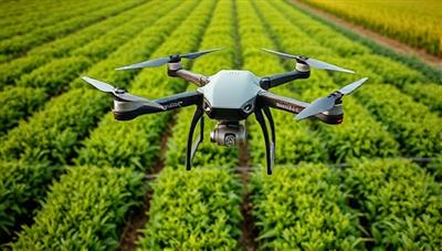 An agricultural landscape with a high-tech drone hovering over lush green fields, capturing detailed imagery for crop monitoring and analysis, showcasing the efficiency and innovation of agricultural drone services.