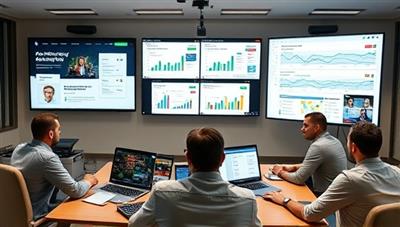 A virtual meeting space with digital marketing professionals engaged in a lively discussion, sharing screens with marketing dashboards, analytics reports, and creative ad campaigns, showcasing a dynamic and collaborative environment within the Magnetize Marketing mastermind groups.