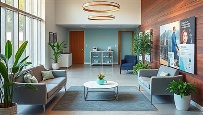 An inviting and modern wellness center lobby with comfortable seating, green plants, and informational brochures on insurance wellness services, conveying a serene and educational atmosphere for clients.