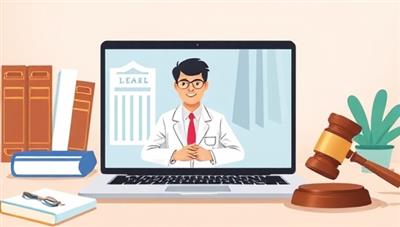 An illustration of a virtual legal consultation session, showing a lawyer and a client having a video call on a laptop screen, with legal books and a gavel in the background, conveying professionalism and legal expertise.