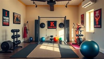 A vibrant and inviting image of a home gym setup with high-quality fitness equipment neatly arranged in a spacious room, with motivational posters, yoga mats, and exercise balls, creating a visually appealing and inspiring home workout environment for users renting fitness gear from the service.
