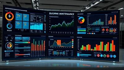 An advanced digital control center displaying real-time building maintenance data and analytics, with IoT sensors monitoring various building systems, maintenance schedules, and energy efficiency metrics, illustrating the sophistication and effectiveness of MaintainTech Solutions' smart building maintenance platform.