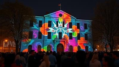 An outdoor nighttime scene with a building facade illuminated by a mesmerizing projection mapping show, transforming the architecture into a colorful and immersive experience, drawing in a crowd of spectators in awe.