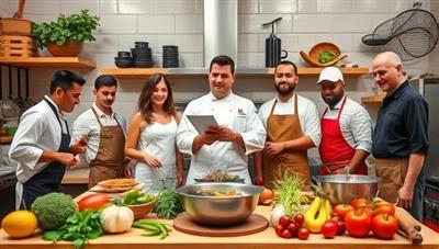 An international kitchen scene with chefs from different countries showcasing their cooking skills, surrounded by a variety of fresh ingredients and cooking utensils, capturing the multicultural and educational essence of the virtual cooking classes.