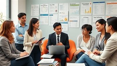 A diverse office setting with employees conversing in different languages, engaging with clients from various cultural backgrounds, and financial documents displayed in multiple languages, showcasing the global reach and language capabilities of GlobalLedger Solutions in providing multilingual accounting services.
