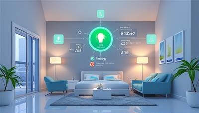 An illustration of a modern home interior with smart devices connected to a central energy management hub, displaying real-time energy consumption data and suggesting optimizations, portraying a futuristic and eco-conscious lifestyle.