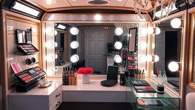 A stylish and chic mobile beauty bar setup featuring a mirror surrounded by makeup palettes, hair styling tools, and a manicure station, with bright lights and elegant decor to create a glamorous ambiance.