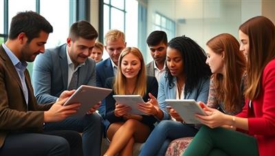 An image of a vibrant and diverse group of individuals discussing sustainable investment strategies and reviewing impact reports on laptops and tablets, showcasing a collaborative and forward-thinking community passionate about green finance and positive change.