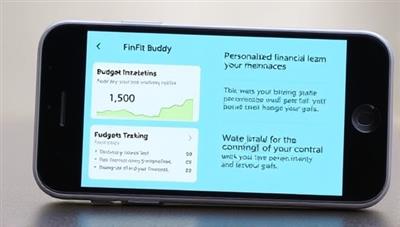 An image of a smartphone screen displaying the FinFit Buddy app interface, showing personalized financial recommendations, budget tracking features, and motivational messages to inspire users to take control of their finances and achieve their goals.