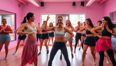An energetic dance workout session captured in a vibrant video still, showing a group of diverse participants following the choreography of an instructor, exuding enthusiasm and joy, highlighting the inclusive and dynamic atmosphere of the online dance fitness studio.