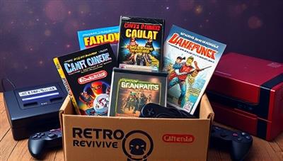 A captivating visual representation of a retro-themed subscription box filled with classic video game cartridges, vintage consoles, gaming magazines, and nostalgic memorabilia, creating a sense of excitement and anticipation for retro gaming enthusiasts unboxing their RetroRevive Box treasures.