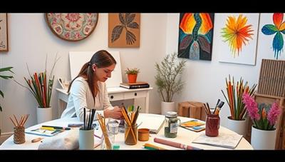 An art therapy session setting with a therapist guiding a client through a creative activity, surrounded by colorful art supplies, calming background music, and a serene atmosphere that promotes relaxation, self-reflection, and emotional healing through art expression.
