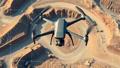 Aerial drone image of a mining site with detailed surveying overlays, highlighting the precision and efficiency of drone technology in capturing mining site data for analysis and planning.