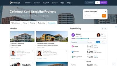 An online crowdfunding platform interface showcasing various construction project listings, investor profiles, and project funding progress bars, creating a sense of community and transparency in the collective investment process, highlighting the platform's user-friendly design and investment opportunities.