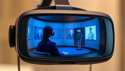 An immersive VR headset displaying a virtual interview scenario with a candidate interacting with a digital interviewer, showcasing the innovative and engaging nature of the VirtuaHire platform.
