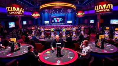 An electrifying live casino tournament scene with multiple players engaged in intense gameplay, surrounded by cheering spectators and vibrant visual effects, capturing the competitive and thrilling atmosphere of LiveWinChampion's platform.