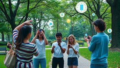 An interactive visual showcasing a group of friends exploring a city park through their smartphones, following AR clues and animated indicators to locate hidden treasures, with a mix of digital overlays and real-world environments.
