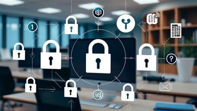 An office scene with digital security elements like padlocks, encryption symbols, and data protection icons overlaid on a computer screen, representing the focus on data privacy and compliance at SecureData Solutions.