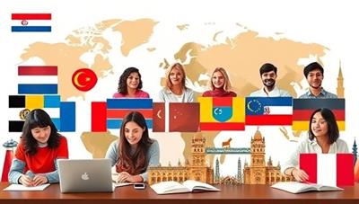 An international language exchange session with users from diverse backgrounds engaging in virtual language practice, cultural discussions, and learning activities, represented by flags of different countries, language textbooks, and global landmarks, creating a dynamic and inclusive language learning environment.
