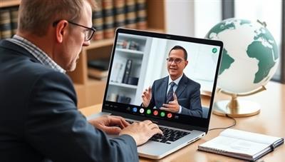 An attorney consulting with a client via a video call on a laptop, with legal books and a globe in the background, symbolizing global legal support and expertise.